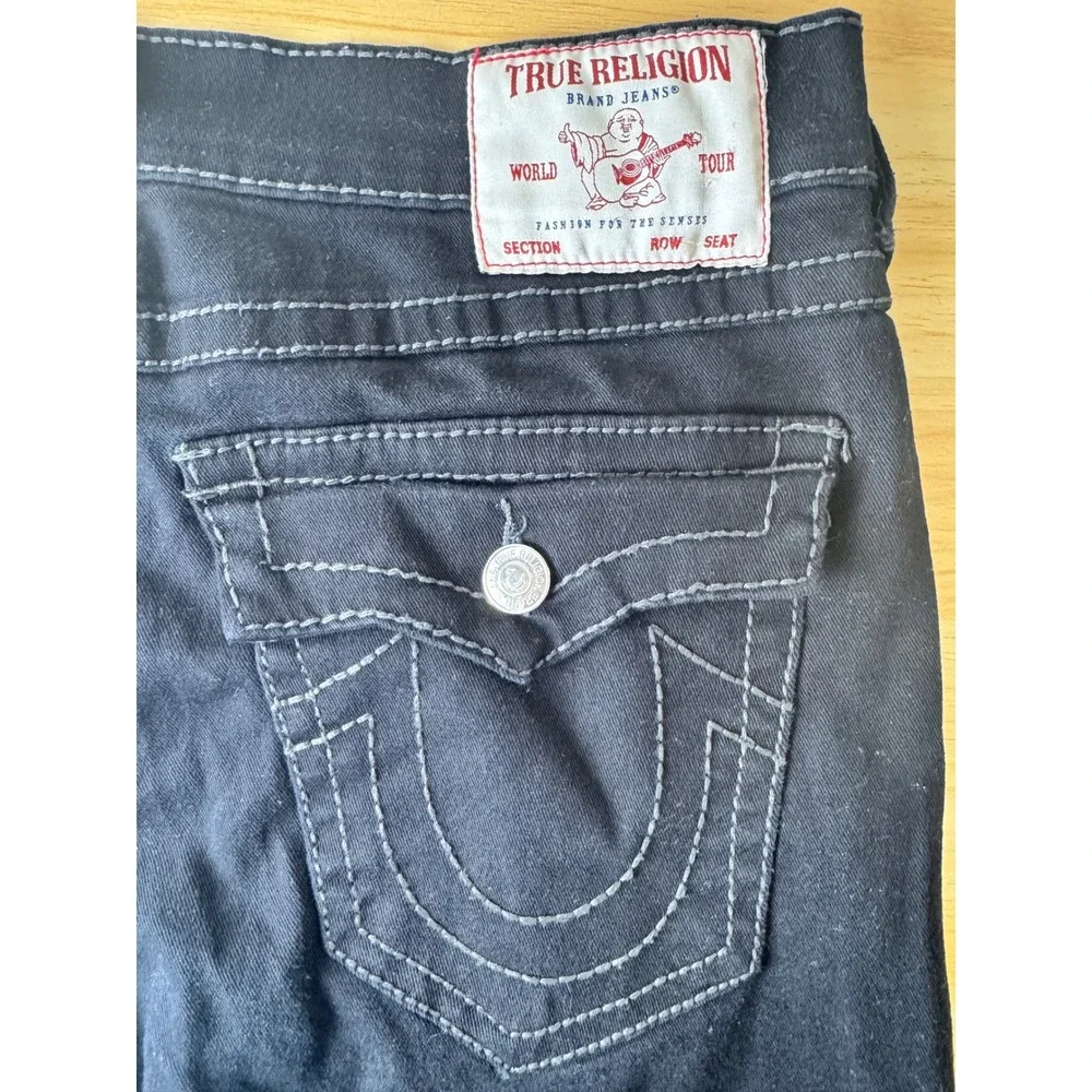 Y2K True Religion Ricky Relaxed Straight Black Grey Stitch Flap Jeans Sz 36